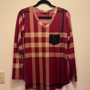 Plaid Long Sleeve Top with Sequin Pocket